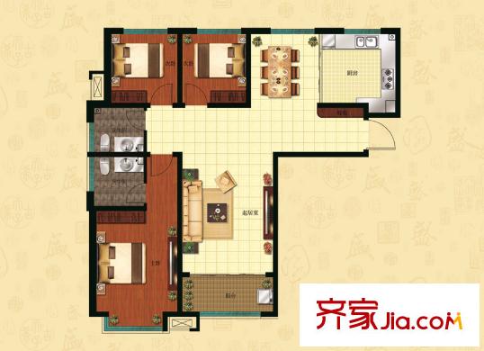 北大錦城4號(hào)樓F戶型 3室2廳2衛(wèi)1廚