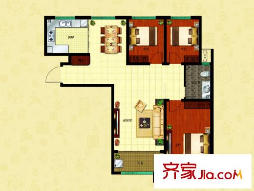 北大錦城4號(hào)樓G戶型 3室2廳1衛(wèi)1廚