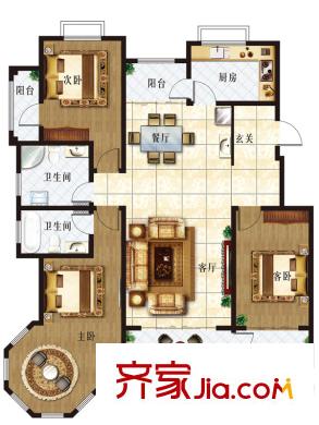九龍華府1-7號(hào)樓多層(1)戶型 3室2廳2衛(wèi)1廚