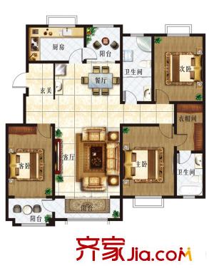 九龍華府1-7號(hào)樓多層(2)戶型 3室2廳2衛(wèi)1廚