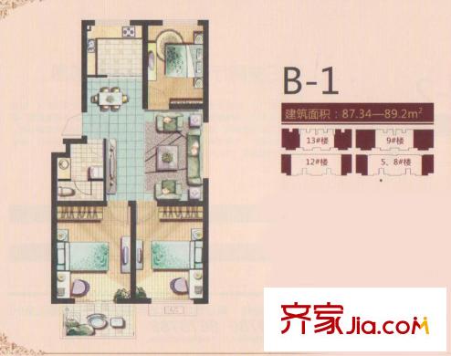 德霖臻和園一期多層5#樓B1戶(hù)型 3室2廳1衛(wèi)1廚