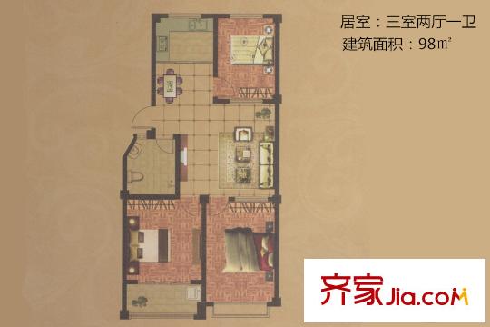 澳博萊花園22#23#I戶型圖 3室2廳1衛(wèi)1廚