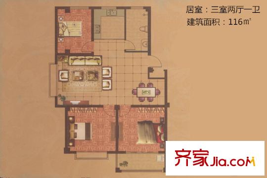 澳博萊花園22#23#H戶型 3室2廳1衛(wèi)1廚