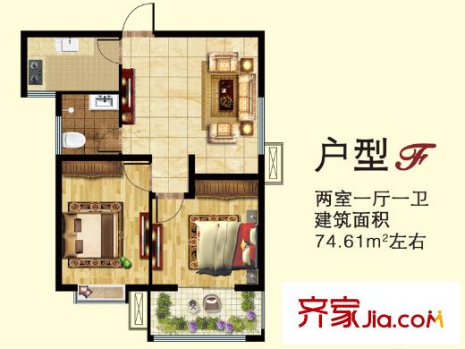 水映幸福城17/18號(hào)樓F戶(hù)型 2室1廳1衛(wèi)1廚