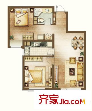 中經(jīng)世界城一期高層住宅B戶(hù)型 2室2廳1衛(wèi)1廚