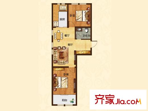 恒信雙璽臺一期高層2號樓公寓A戶型 2室2廳1衛(wèi)1廚