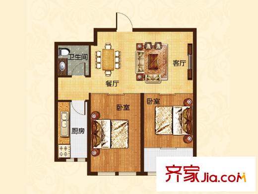 恒信雙璽臺一期高層2號樓B戶型 2室2廳1衛(wèi)1廚