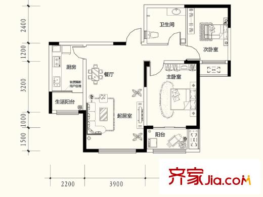 宏鼎凡爾賽麗都高層C2戶型 2室2廳1衛(wèi)1廚