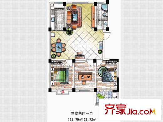 鳳山曉筑一期小高層8#/10#樓多層11#樓E戶型 3室2廳1衛(wèi)1廚