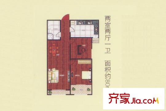 盛世名門3號(hào)樓南向戶型 2室2廳1衛(wèi)1廚