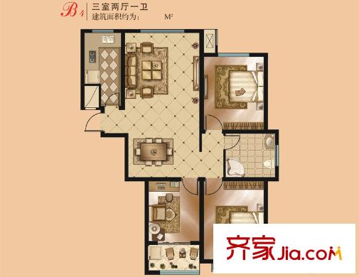 金鼎華府二期高層住宅14#樓B4戶型 3室2廳1衛(wèi)1廚