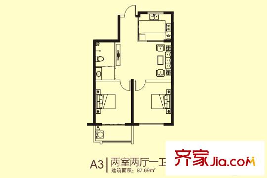 圣基金碧廣場高層20#A3戶型 2室2廳1衛(wèi)1廚