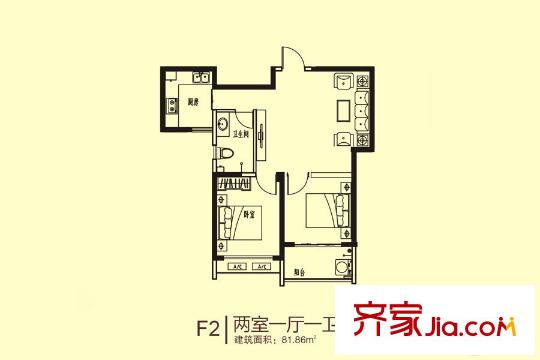 圣基金碧廣場二期高層3#F2戶型 2室1廳1衛(wèi)1廚