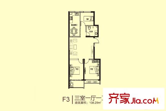 圣基金碧廣場二期高層3#F3戶型 3室1廳1衛(wèi)1廚