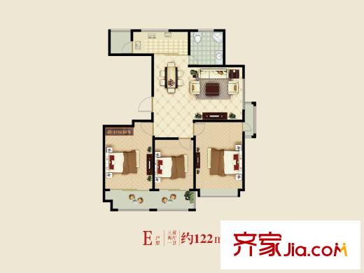 將軍府1-5號樓E戶型 3室2廳1衛(wèi)