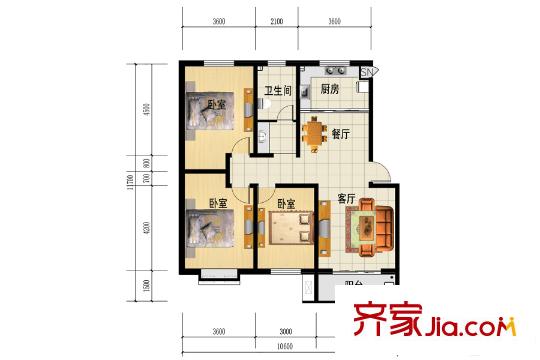 三友鼎盛園多層A1戶型 3室2廳1衛(wèi)1廚
