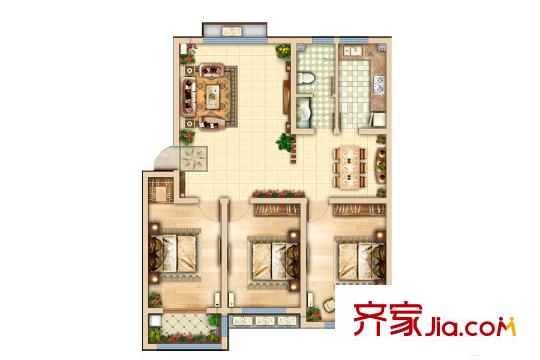 濱城綠洲五期多層D戶型 3室2廳1衛(wèi)1廚