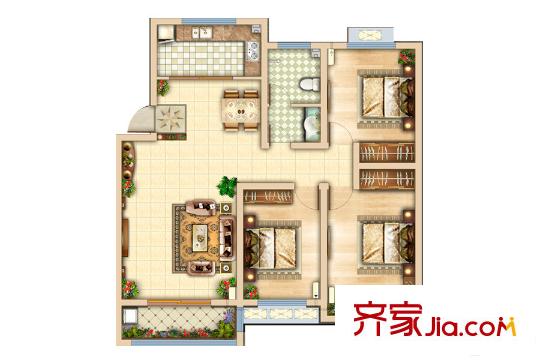 濱城綠洲五期多層C戶型 3室2廳1衛(wèi)1廚