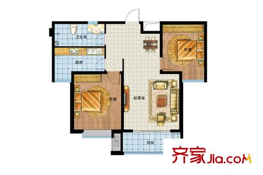 九州方圓國際1/2/7/8號樓B戶型 2室2廳1衛(wèi)1廚
