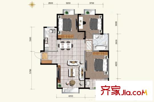 虞河生活城11號(hào)樓2M戶(hù)型 3室2廳1衛(wèi)1廚