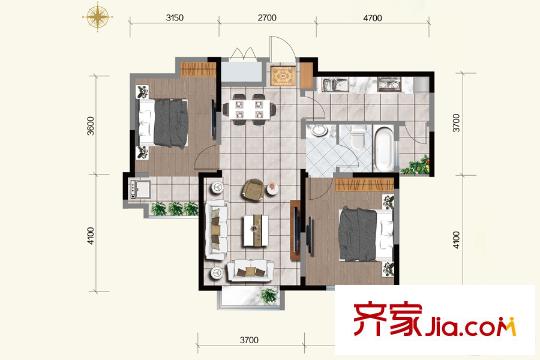 虞河生活城11號(hào)樓2L2戶(hù)型 2室2廳1衛(wèi)1廚