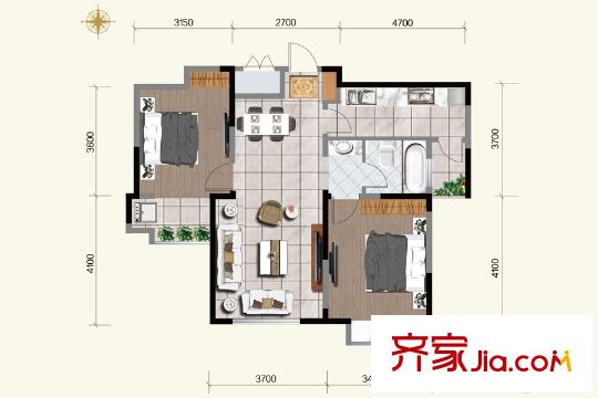虞河生活城11號(hào)樓2L1戶(hù)型 2室2廳1衛(wèi)1廚