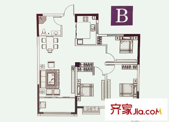 沁園B戶型 3室2廳1衛(wèi)1廚