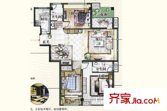 麗水芳洲一期標(biāo)準(zhǔn)層戶型圖 3室2廳2衛(wèi)1廚