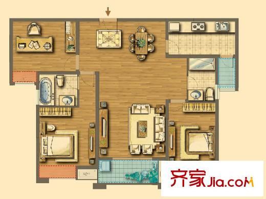 海悅國際戶型圖1# H戶型135.20平方米戶型圖 3室2廳2衛(wèi)1廚