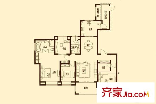 萬(wàn)科濠河傳奇7#樓A戶型 4室2廳2衛(wèi)1廚