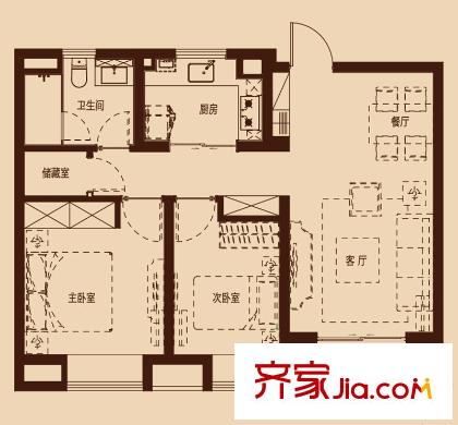 萬科濠河傳奇1#樓A戶型 2室2廳1衛(wèi)1廚