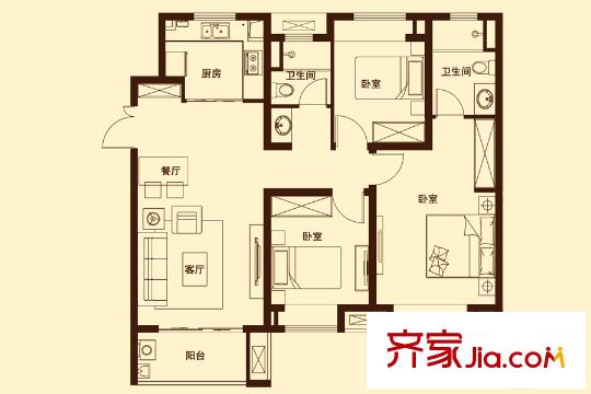 萬(wàn)科濠河傳奇1#、5#、6#B戶型 3室2廳2衛(wèi)1廚