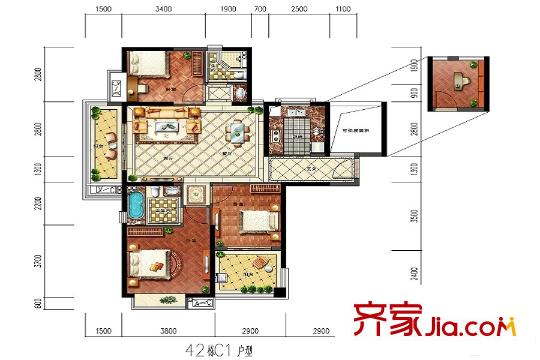 華強(qiáng)城42棟C1戶型 3室2廳2衛(wèi)1廚
