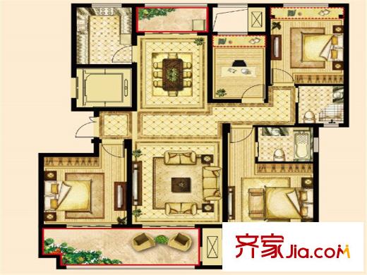 萬濠星城5MR.RED三期15#和四期18#的F戶型 4室2廳2衛(wèi)1廚