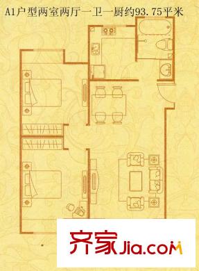 景華城A1戶型 2室2廳1衛(wèi)1廚