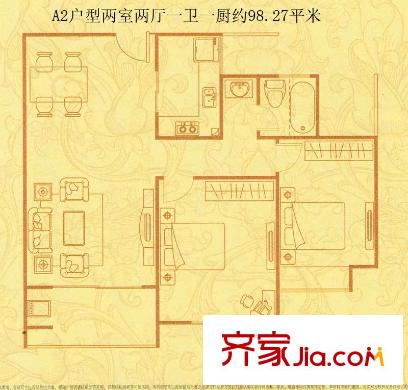 景華城A2戶型 2室2廳1衛(wèi)1廚
