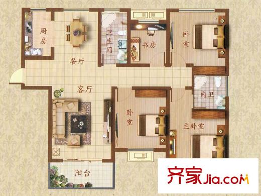 文華名邸1、5、7號(hào)樓F戶型 4室2廳2衛(wèi)1廚