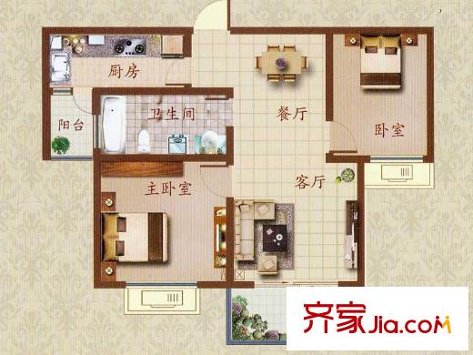 文華名邸1、5、7號(hào)樓E戶型 2室2廳1衛(wèi)1廚