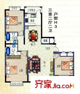 荷蘭小鎮(zhèn)H3戶型 3室2廳2衛(wèi)1廚
