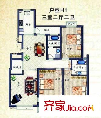 荷蘭小鎮(zhèn)H1戶型 3室2廳2衛(wèi)1廚