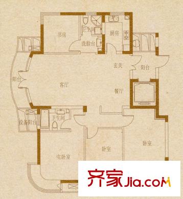 御龍灣一期E1戶型 3室2廳2衛(wèi)1廚
