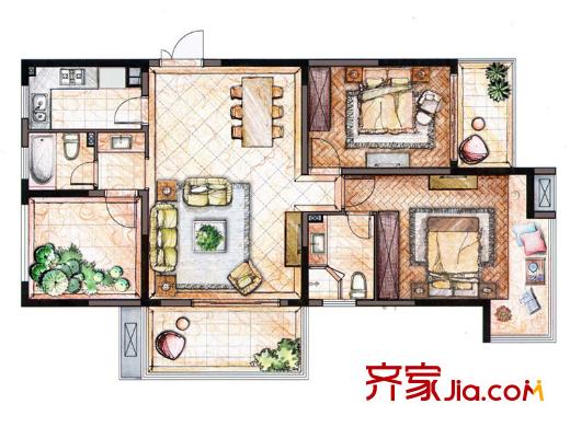大唐世紀豪庭F戶型 3室2廳2衛(wèi)1廚
