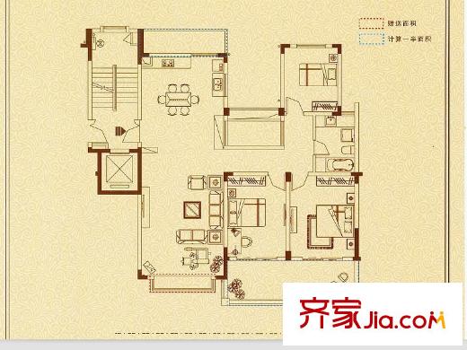 樂天桐墅灣一期1#中間C戶型 3室2廳1衛(wèi)1廚