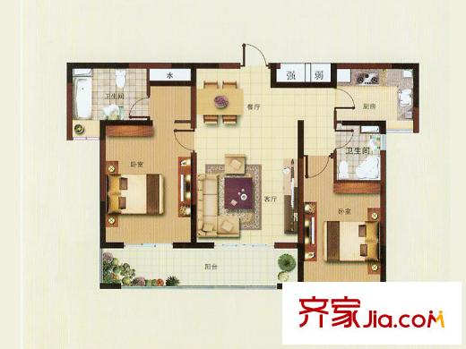 煒賦星湖鄰里15、16#樓E戶(hù)型 2室2廳2衛(wèi)1廚