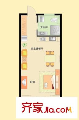 綠島江灣城B1#B戶型  1室1廳1衛(wèi)1廚