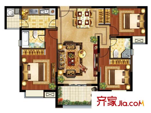 華強(qiáng)城公園1號(hào)公園1號(hào)72#樓D2'戶型 3室2廳2衛(wèi)1廚
