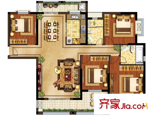 華強(qiáng)城公園1號(hào)68#樓B戶型 4室2廳2衛(wèi)1廚