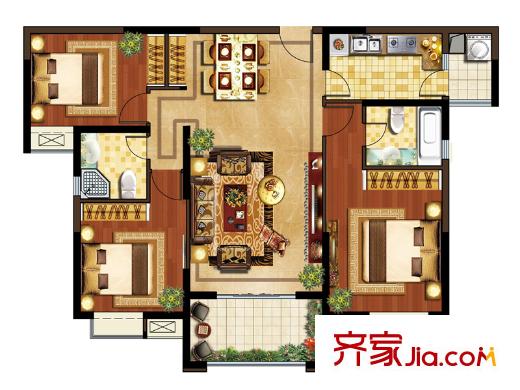 華強(qiáng)城公園1號68#樓D2戶型 3室2廳2衛(wèi)1廚