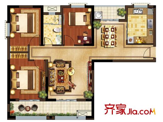 華強(qiáng)城公園1號69/72#樓E2戶型 3室2廳1衛(wèi)1廚
