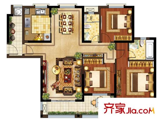 華強(qiáng)城公園1號68#樓C1戶型 3室2廳2衛(wèi)1廚